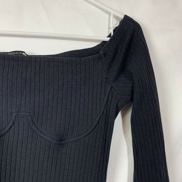 Fashionnova Black Dress Size Large Ribbed Knit Long Sleeve Off Shoulder - Picture 9 of 12